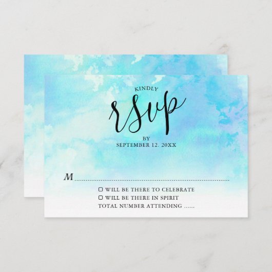 Ombre Waterverf Wedding RSVP Kaart - Blauw (Voorkant / Achterkant)