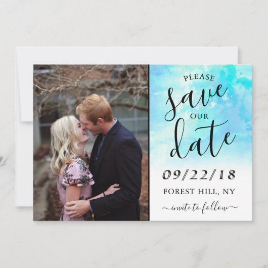 Ombre Waterverf Wedding Save the Date Kaart - Blue (Voorkant)