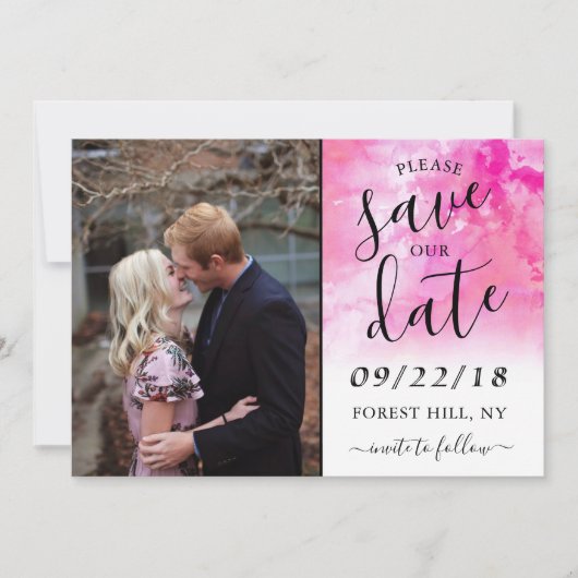 Ombre Waterverf Wedding Save the Date Kaart - Roze (Voorkant)