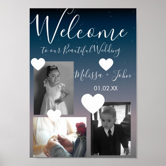 Ombre Wedding Three Photo Collage Script Hearts Poster (Voorkant)