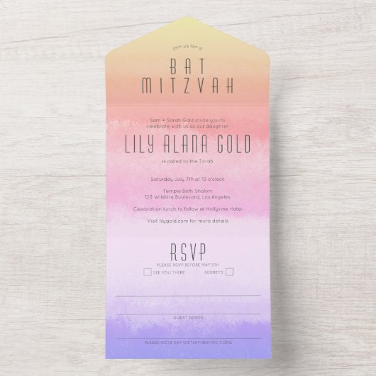 Ombre Zonsondergang Regenboog Elegante CUSTOM BAT  All In One Uitnodiging (Binnen)