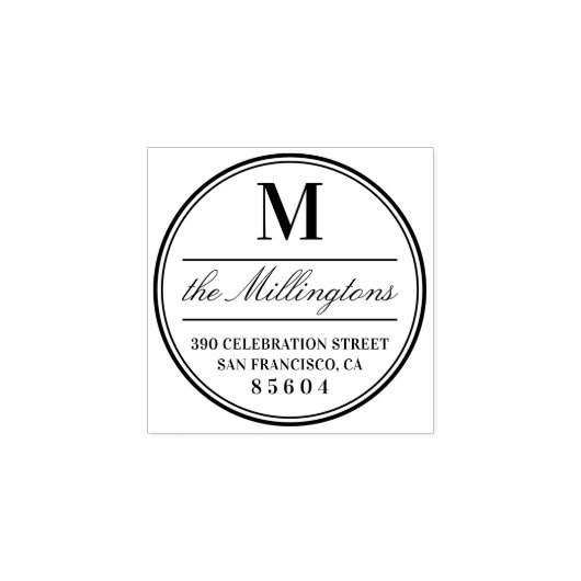Omcirkeld monogram familienaam script retouradres rubberstempel (Afrduk)