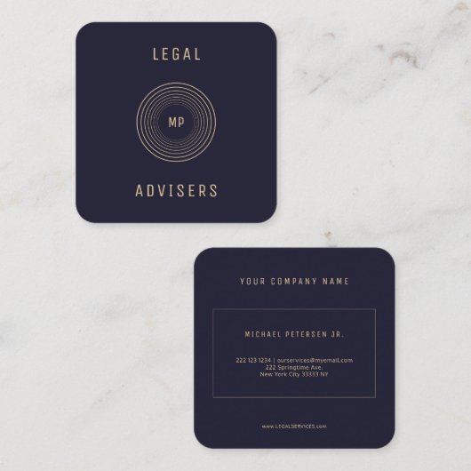 Omcirkelde monogram marine goud juridisch adviseur vierkante visitekaartje (Voorkant / Achterkant)