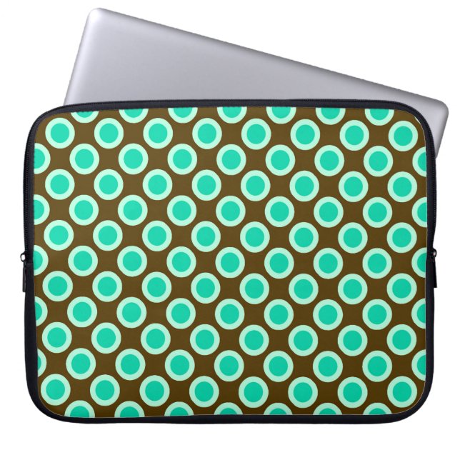Omcirkelde stippen, bruin en turkooizen laptop sleeve (Voorkant)
