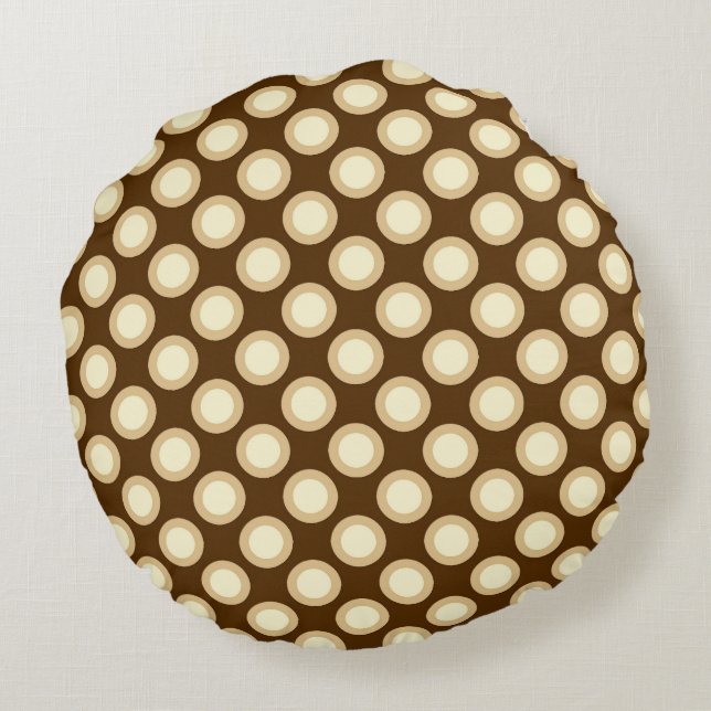 Omcirkelde stippen, chocolade, crème en tan rond kussen (Achterkant)