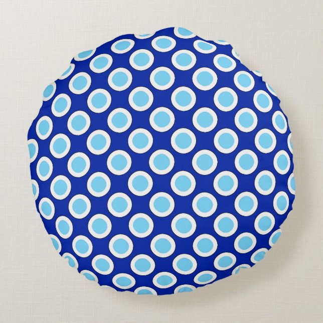 Omcirkelde stippen, kobalt blauw en wit rond kussen (Achterkant)