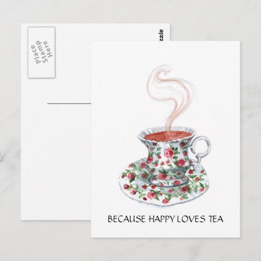 Omdat gelukkig van theeslogan houdt,  bekerrozen briefkaart (Voorkant / Achterkant)