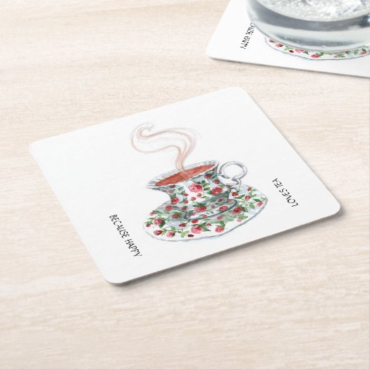 Omdat gelukkig van theeslogan houdt,  bekerrozen kartonnen onderzetters (Schuin)