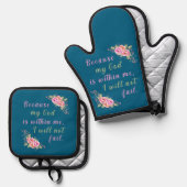 "Omdat mijn God in mij is" (blauw) Ovenwant & Pannenlap Set (Voorkant / Achterkant)