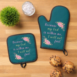 "Omdat mijn God in mij is" (duister blauwgroen) Ovenwant & Pannenlap Set