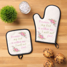 "Omdat mijn God in mij is" (wit) Ovenwant & Pannenlap Set