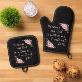 "Omdat mijn God in mij is" (zwart) Ovenwant & Pannenlap Set