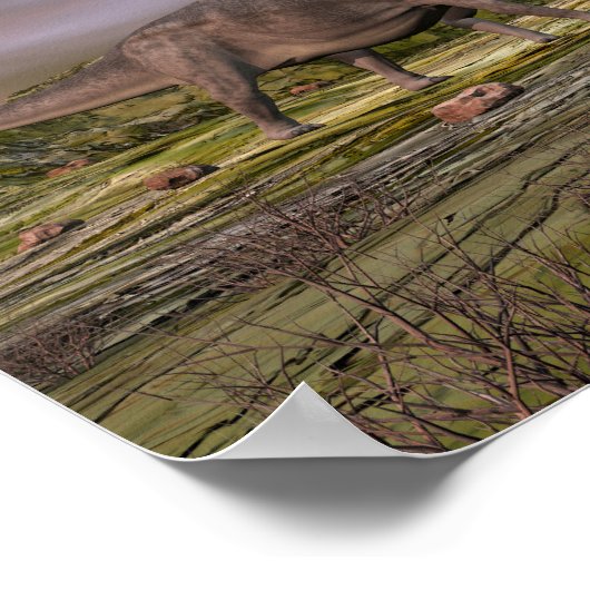 Omeiaurus loopt in de woestijn door zonsondergang poster (Hoek)