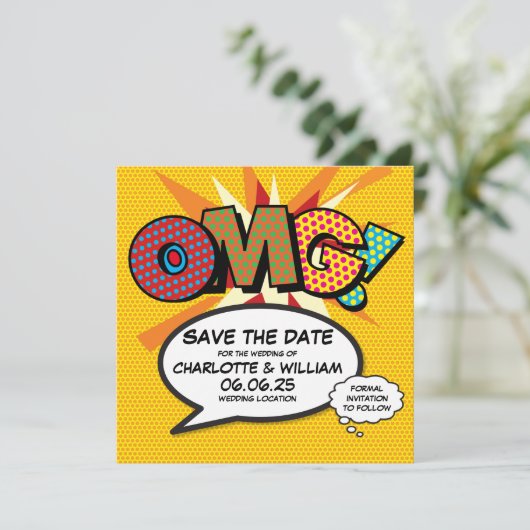 OMG Bewaar de datum Leuk Retro strip Pop Art Save The Date (Staand voorkant)
