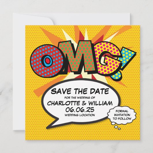 OMG Bewaar de datum Leuk Retro strip Pop Art Save The Date (Voorkant)