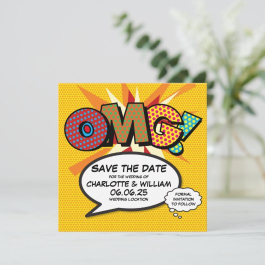 OMG Bewaar de datum Leuk Retro stripboek Pop Art Save The Date (Staand voorkant)