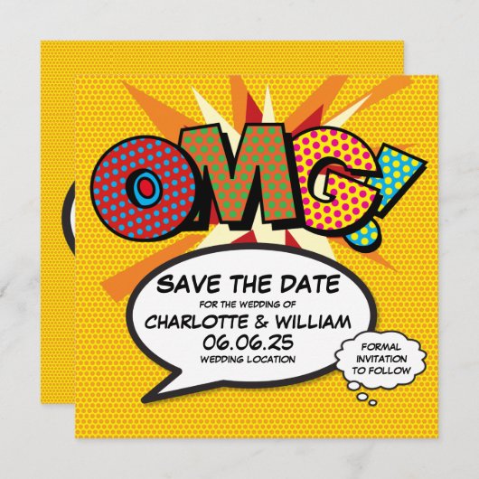 OMG Bewaar de datum Leuke retro strip pop art Save The Date (Voorkant / Achterkant)