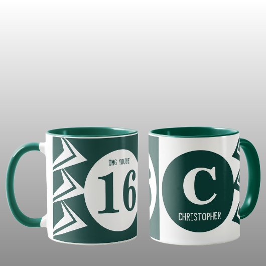 OMG je bent 16 monogram, groen en wit Mok