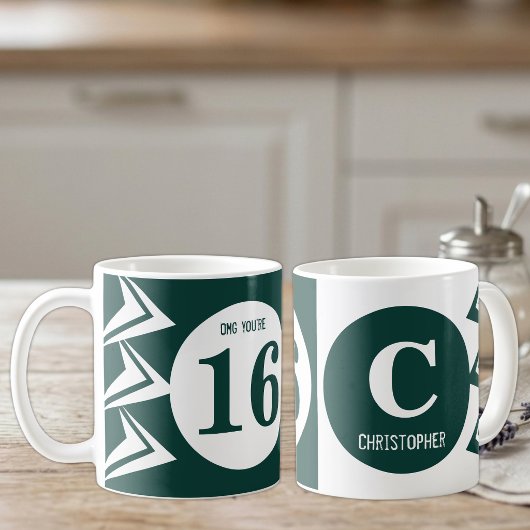 OMG je bent 16 monogram naam groen en wit Koffiemok