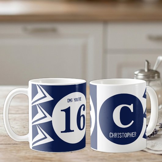 OMG je bent 16 monogram naam navy en wit Koffiemok