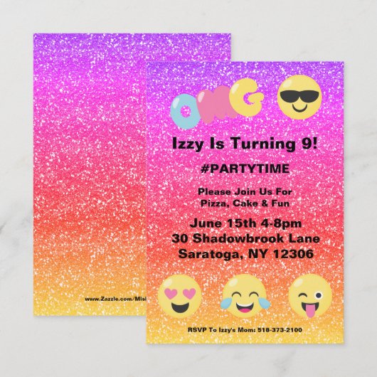 OMG Ombre Glitter Emoji Uitnodiging Verjaardag (Voorkant / Achterkant)