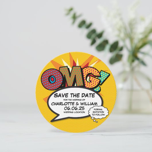 OMG Save the Date Fun Retro Comic Book Pop Art (Staand voorkant)