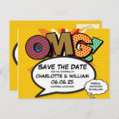 OMG Save the Date Fun Retro Comic Book Pop Art Aankondigingskaart (Voorkant / Achterkant)