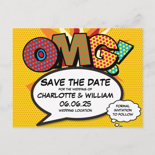 OMG Save the Date Fun Retro Comic Book Pop Art Aankondigingskaart (Voorkant)