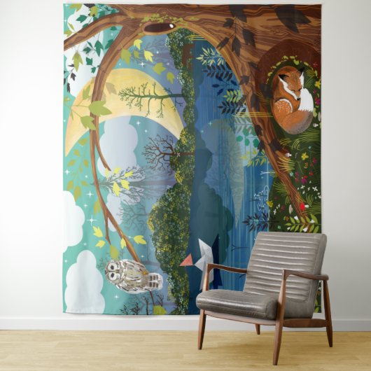 Omgekeerde Idyllic Riverside Wildlife Illustratie Wandkleed (In situ)