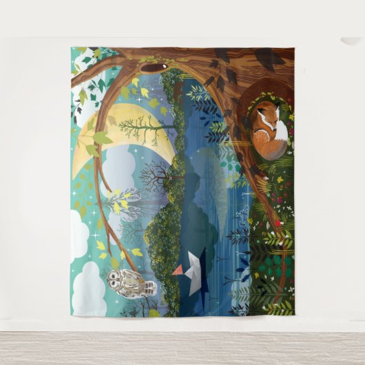 Omgekeerde Idyllic Riverside Wildlife Illustratie Wandkleed (Voorkant)