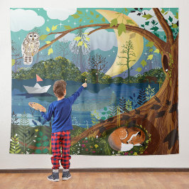 Omgekeerde Idyllic Riverside Wildlife Illustratie Wandkleed