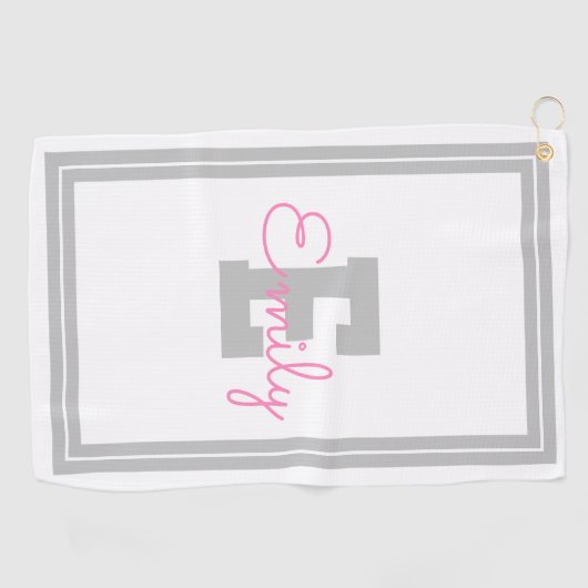 Omgekeerde naam en monogram | Lichtgrijs en roze Golfhanddoek (Horizontaal)