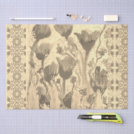 Omheinde bloemen sepia tissuepapier (Craft)