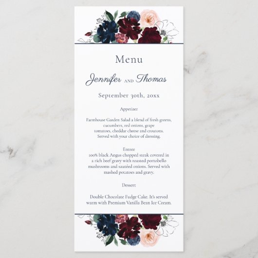Omhels bloemenbruiloft Menu | Bourgondisch marineb (Voorkant)