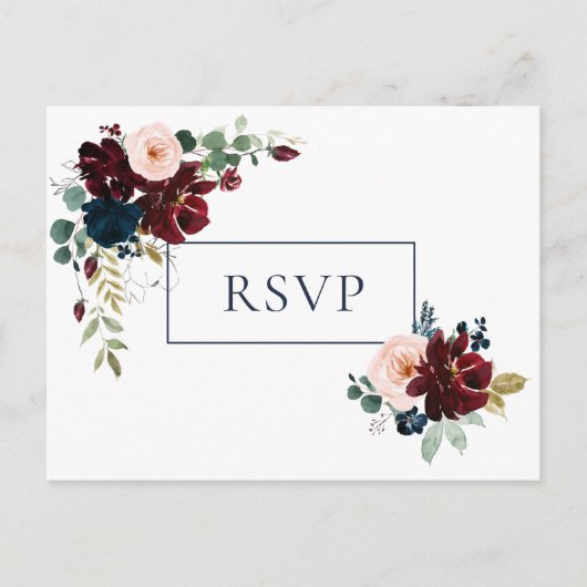 Omhels Bloemenbruiloft RSVP | Bourgondisch marineb Uitnodiging Briefkaart (Voorkant)