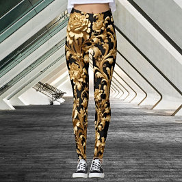 Omhels Elegantie: Zwart en Goud Bloemen Leggings