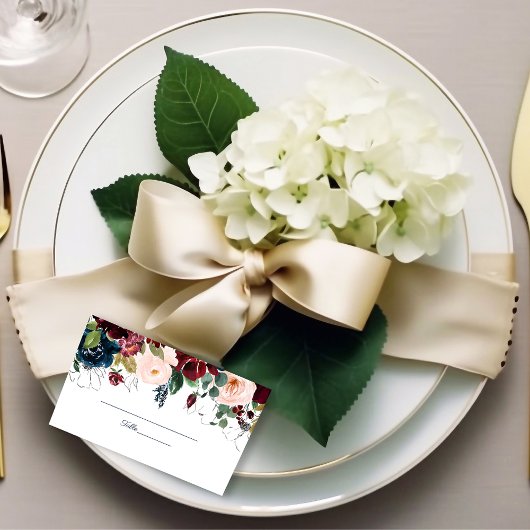 Omhels Florals bruiloft | Bourgondisch marineblauw Plaatskaartje