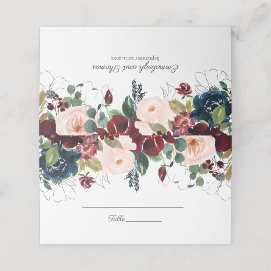 Omhels Florals bruiloft | Bourgondisch marineblauw Plaatskaartje (Buitenkant ongevouwen)