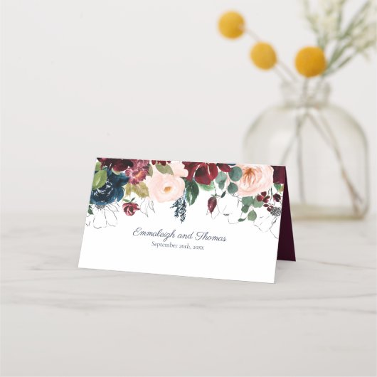 Omhels Florals bruiloft | Bourgondisch marineblauw Plaatskaartje (Achterkant)