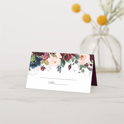 Omhels Florals bruiloft | Bourgondisch marineblauw Plaatskaartje (Voorkant)