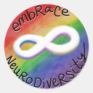 Omhels neurodiversiteit (zwarte tekst) ronde sticker