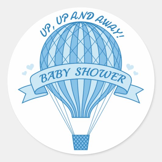 Omhoog en weg, blauw heteluchtballon baby shower ronde sticker (Voorkant)