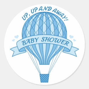 Omhoog en weg, blauw heteluchtballon baby shower ronde sticker
