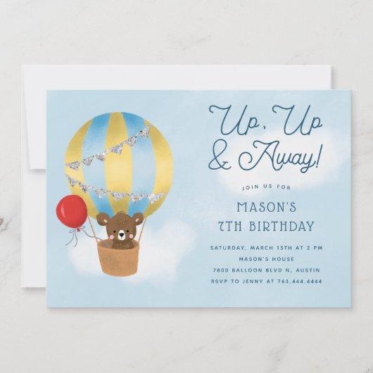 Omhoog en weg blauwe hete luchtballon verjaardag kaart (Voorkant)