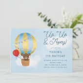 Omhoog en weg blauwe hete luchtballon verjaardag kaart (Staand voorkant)