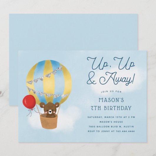 Omhoog en weg blauwe hete luchtballon verjaardag kaart (Voorkant / Achterkant)