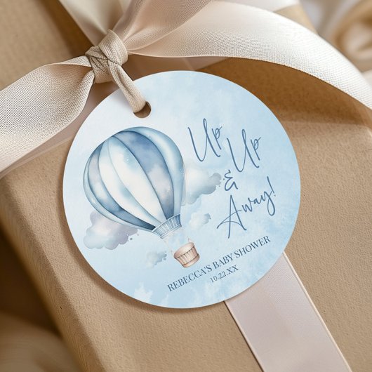 Omhoog en weg! Blauwe heteluchtballon Baby shower Bedankjes Labels