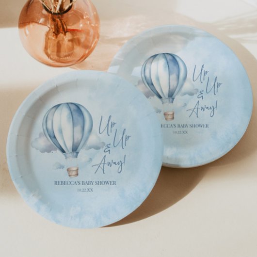 Omhoog en weg! Blauwe heteluchtballon Baby shower Papieren Bordje