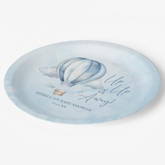 Omhoog en weg! Blauwe heteluchtballon Baby shower Papieren Bordje (Gekanteld)