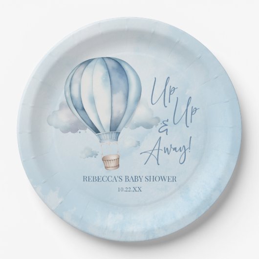 Omhoog en weg! Blauwe heteluchtballon Baby shower Papieren Bordje (Voorkant)